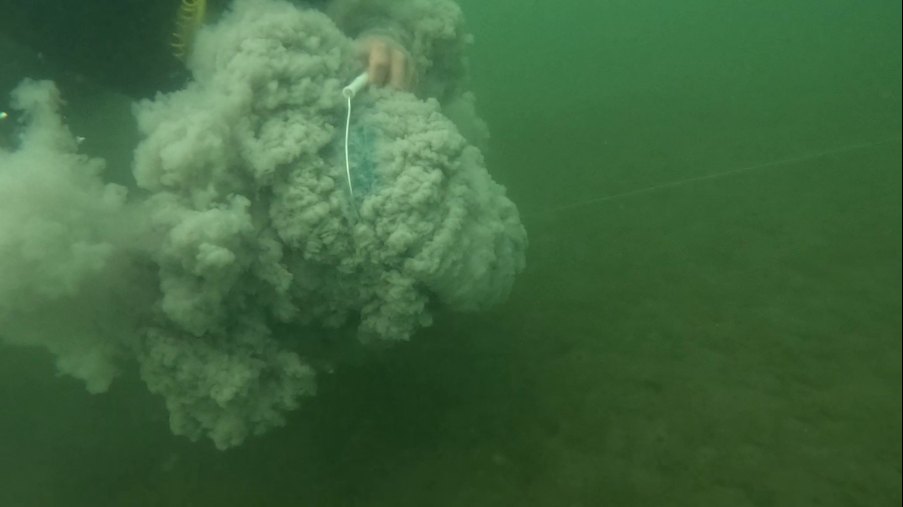Diver testing limestone dispersal underwater
