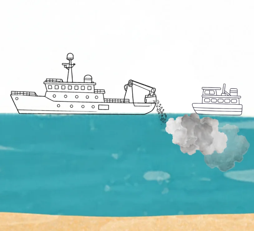 Illustration of a research vessel releasing limestone while a smaller vessel follows the plume