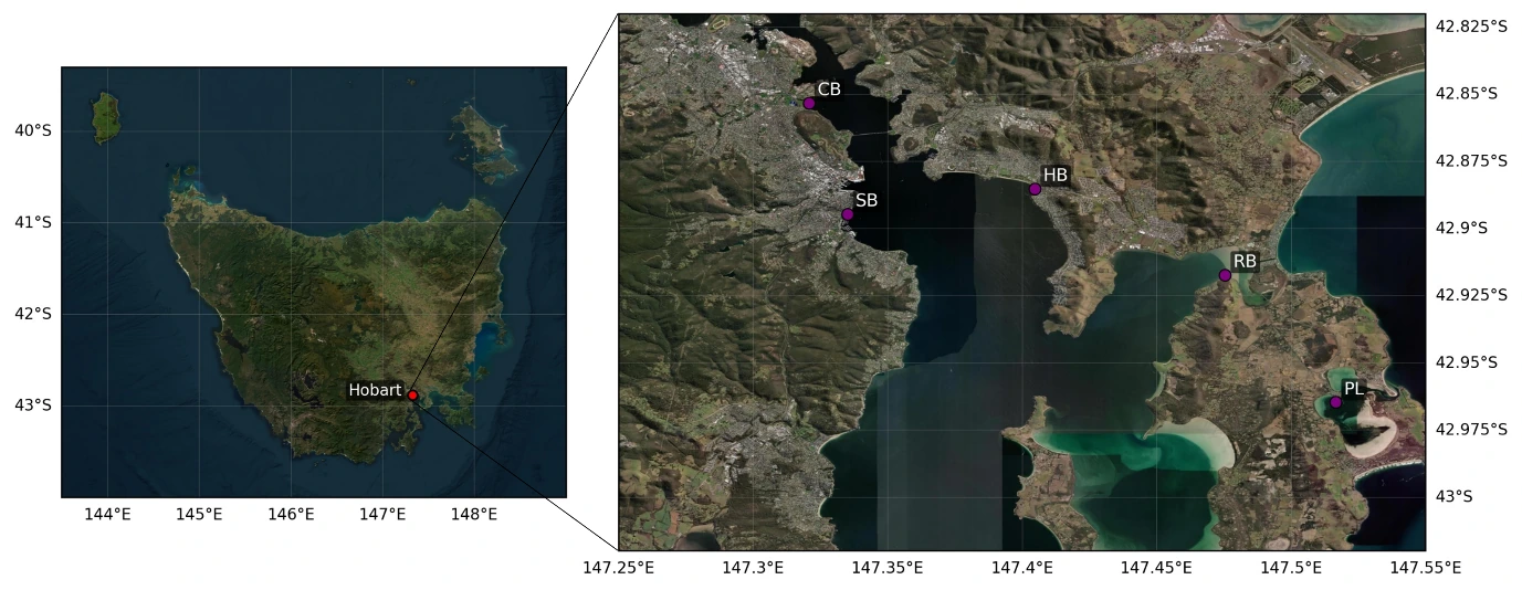 Map showing five subtidal coastal study sites around Hobart, Tasmania